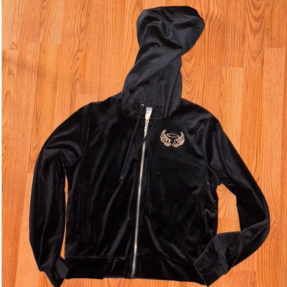 Vintage Y2K No Boundaries Black Velour Hoodie M Angel Wings Embroidery